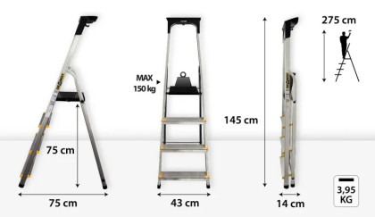 Hliníkový žebřík s policí, 4 stupně, 2,75 m, max. zátěž 150 kg