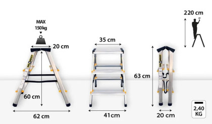 Hliníkové schůdky oboustranné, 2x3 stupně, 2,2 m, max. zátěž 150 kg