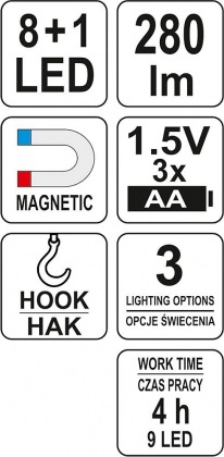 Lampa montážní 8+1 LED, hák+magnet