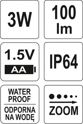 Svítilna kapesní voděodolná IP64, fce ZOOM, 110lm, 1xAA, 100x25mm