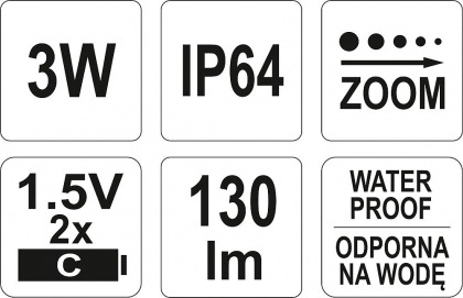 Svítilna BIGGEST voděodolná IP64, fce ZOOM, 130lm, 2xLR14, 228x47mm