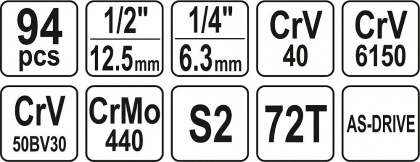 Gola sada 1/2", 1/4" + příslušenství 94 ks