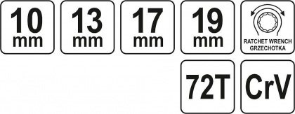 Ráčnový klíč průchozí oboustranný 10-13-17-19 mm