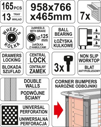 Skříňka dílenská pojízdná s nářadím (165ks) 7 zásuvek