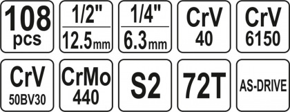 Gola sada 1/2", 1/4" + příslušenství 108 ks