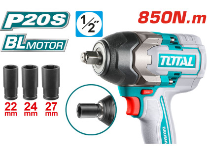 Utahovák rázový AKU 1/2', brushless, 850Nm, 20 V Li-ion, bez baterie a nabíječky, industrial