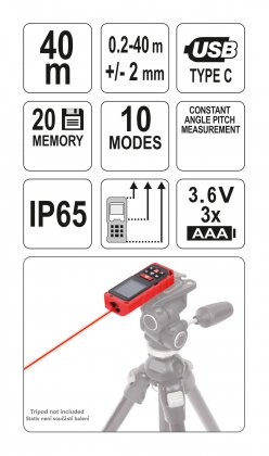 Laserový měřič vzdálenosti 0.2-40M, 10 režimů