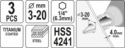 Sada stupňovitých kuželových vrtáků 3-20mm