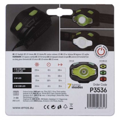 COB LED + LED čelovka P3536, 220 lm, 3× AAA