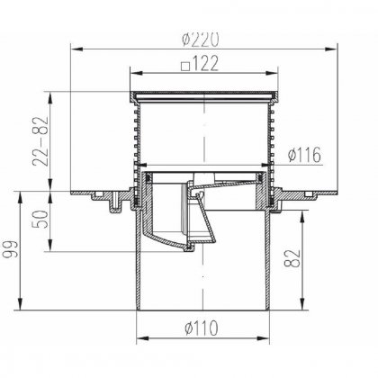 Podlahová vpusť spodní univerzální D 110 s límcem/přírubou a plast. rámečkem