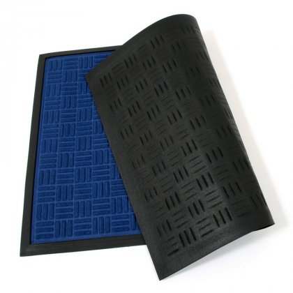Modrá textilní gumová čistící vstupní rohož Criss Cross, FLOMA - délka 60 cm, šířka 90 cm a výška 0,8 cm