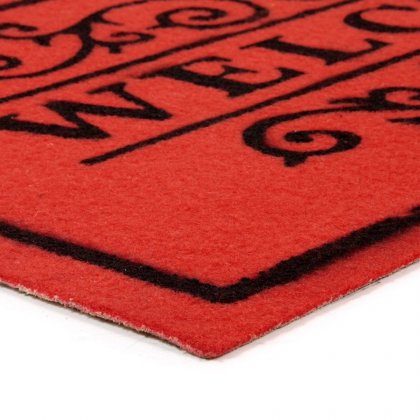 Červená textilní vstupní čistící vnitřní rohož Welcome - Deco, FLOMA - délka 33 cm, šířka 58 cm a výška 0,3 cm
