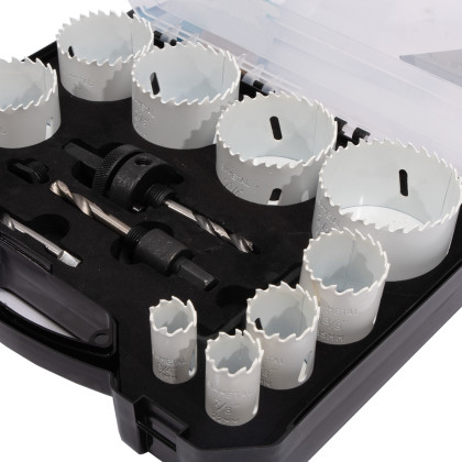 Sada vykružovacích bimetalových korunek 14 dílů | 19-64 mm, plastový box