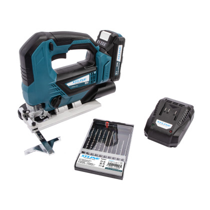 Aku přímočará pila bezuhlíková 18 V + baterie 2.0 Ah + nabíječka 2.4 A + pilové plátky + box