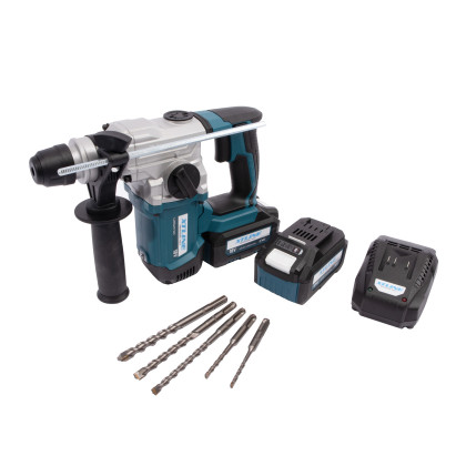 Aku kombinované pneumatické kladivo SDS PLUS bezuhlíkové 18 V + 2 baterie 5.0 Ah + sada vrtáků + nabíječka 3.5 A + box