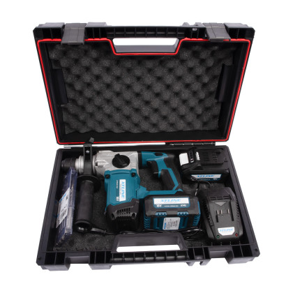 Aku kombinované pneumatické kladivo SDS PLUS bezuhlíkové 18 V + 2 baterie 5.0 Ah + sada vrtáků + nabíječka 3.5 A + box