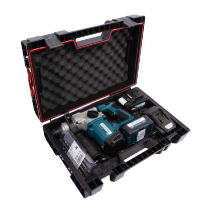 Aku kombinované pneumatické kladivo SDS PLUS bezuhlíkové 18 V + 2 baterie 5.0 Ah + sada vrtáků + nabíječka 3.5 A + box