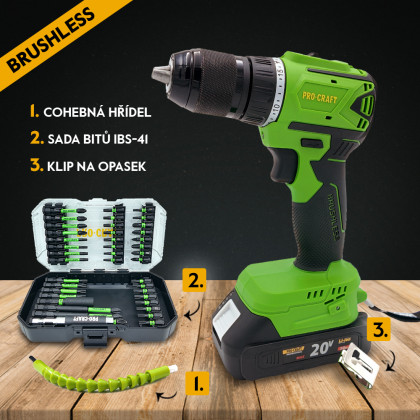 Aku vrtací šroubovák Procraft SPA18LiN Brushless se sadou bitů IBS-41 | SPA18LiN
