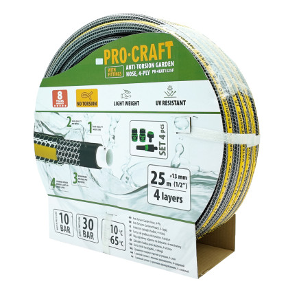PROCRAFT Černo-žlutá zahradní hadicí 4-vrstvá, 1/2" 25 m s příslušenstvím