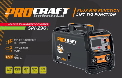 PROCRAFT SPI-290 Kombinovaná invertorová svářečka Co Flux - trubičkový drát, MMA, TIG lift