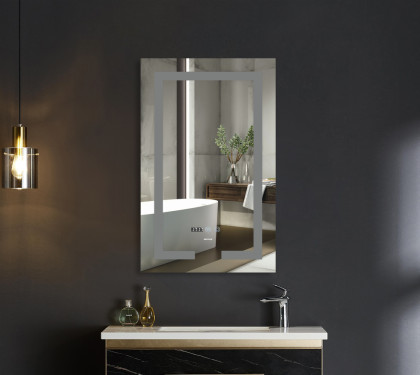 Koupelnové zrcadlo s LED osvětlením, protizamlžovací funkcí, regulací jasu a hodinkami, MR06-60×80 H | MR06-60×80 HARD