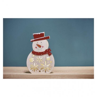 LED vánoční sněhulák dřevěný, 30 cm, 2x AAA, vnitřní, teplá bílá, časovač