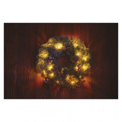 LED vánoční věnec zasněžený, 38 cm, 2x AA, vnitřní, teplá bílá, časovač