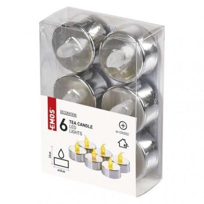 LED dekorace – 6x čajová svíčka stříbrná, 6x CR2032, vnitřní, vintage