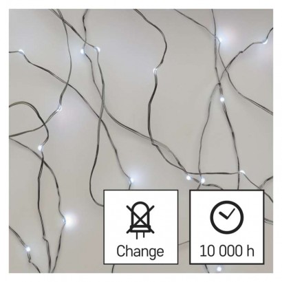 LED vánoční nano řetěz stříbrný, 10 m, venkovní i vnitřní, studená bílá, časovač
