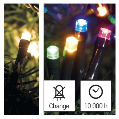 LED vánoční řetěz 2v1, 10 m, venkovní i vnitřní, teplá bílá/multicolor, programy