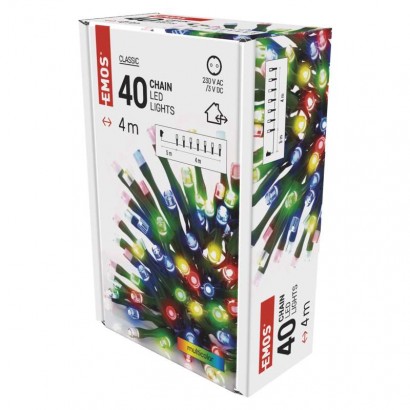 LED vánoční řetěz, 4 m, venkovní i vnitřní, multicolor, časovač