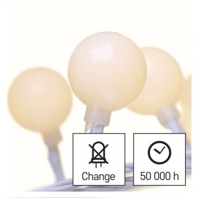 LED světelný cherry řetěz – kuličky 2,5 cm, 4 m, venkovní i vnitřní, teplá bílá, časovač