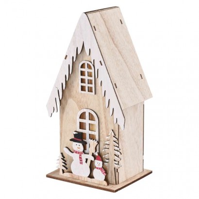 LED dekorace dřevěná – domek se sněhuláky, 28,5 cm, 2x AA, vnitřní, teplá bílá, časovač