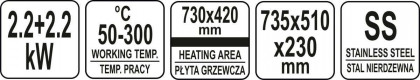 Grilovací deska hladká 2x2200W 730mm