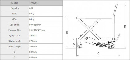 Hydraulický zvedací stůl 270 kg, nůžkový - TP03001