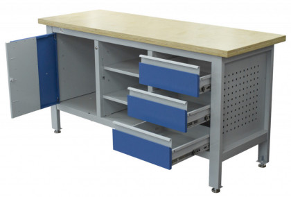 Pracovní stůl se třemi zásuvkami, skříňkou a policí - TSK7513-L