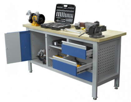 Pracovní stůl se třemi zásuvkami, skříňkou a policí - TSK7513-L