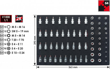 Sada nástrčných klíčů a hlavic s bity ve výplni do dílenských vozíků, 64 dílů - V2837