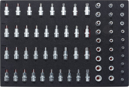 Sada nástrčných klíčů a hlavic s bity ve výplni do dílenských vozíků, 64 dílů - V2837