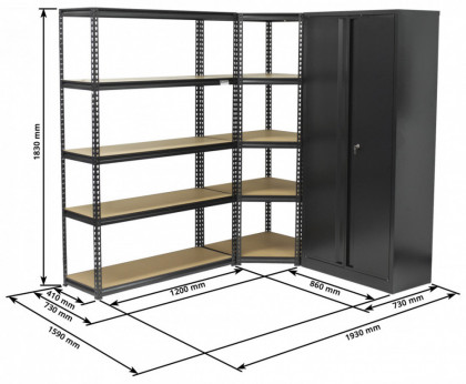Rohový regálový systém s dílenskou skříní, 3 díly - AH1007