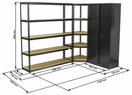 Rohový regálový systém s dílenskou skříní, 3 díly - AH1008