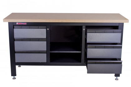 Dílenský ponk s dřevěnou pracovní deskou, 6 zásuvek, police - TSK7506-LS