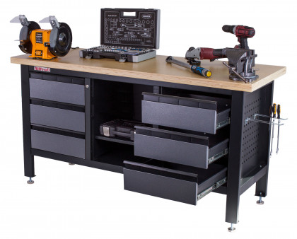 Dílenský ponk s dřevěnou pracovní deskou, 6 zásuvek, police - TSK7506-LS