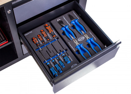 Dílenský ponk s dřevěnou pracovní deskou, 6 zásuvek, police - TSK7506-LS