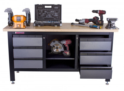 Dílenský ponk s dřevěnou pracovní deskou, 6 zásuvek, police - TSK7506-LS