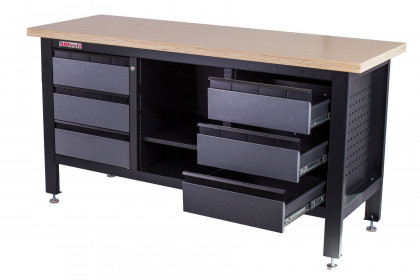 Dílenský ponk s dřevěnou pracovní deskou, 6 zásuvek, police - TSK7506-LS