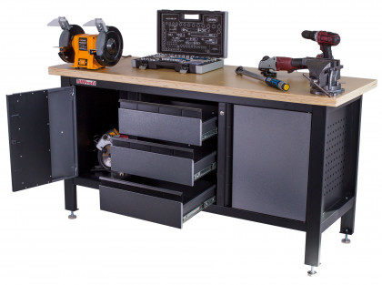 Dílenský ponk s dřevěnou pracovní deskou, 3 zásuvky, 2 skříňky - TSK7523-LS