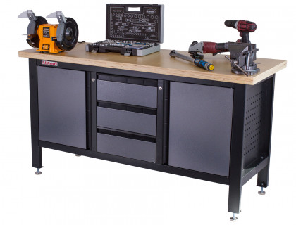 Dílenský ponk s dřevěnou pracovní deskou, 3 zásuvky, 2 skříňky - TSK7523-LS
