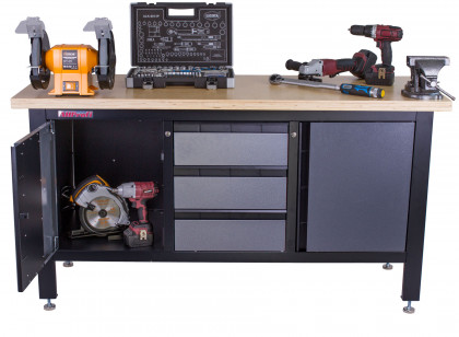 Dílenský ponk s dřevěnou pracovní deskou, 3 zásuvky, 2 skříňky - TSK7523-LS