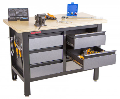 Dílenský ponk s dřevěnou pracovní deskou, 6 zásuvek - TSK5406-LS